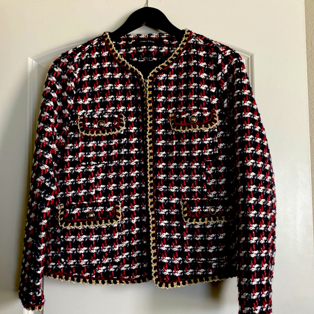 Zara tweed blazer navy/red/white/gold